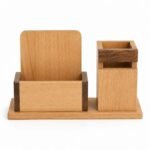 Wooden Desk Organizer with Pen Holder & Card Stand