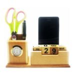 Wooden Pen Stand with Clock and Calendar - Image 2