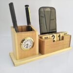 Wooden Pen Stand with Clock and Calendar